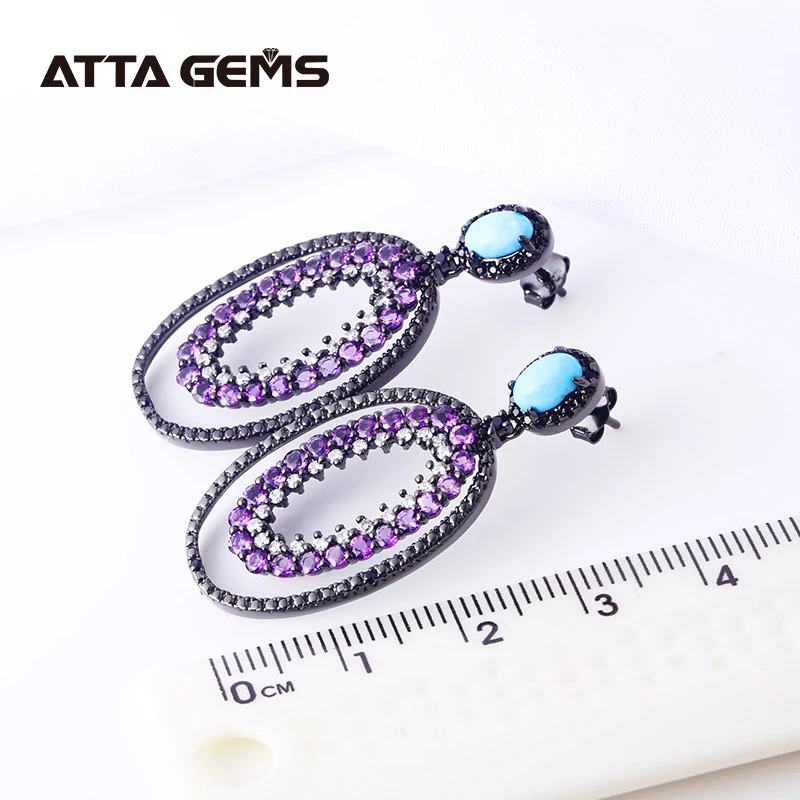 Женские серебряные серьги с аметистом из Натуральной Бирюзы кристаллами для