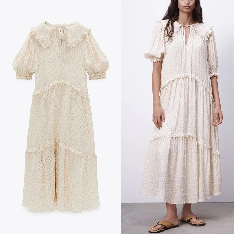 

Za 2021 Floral Print Gauze Dress Women Short Puff Sleeve Pleated Ruffle Party Dresses Woman Chic Lining Elegant Summer Dress