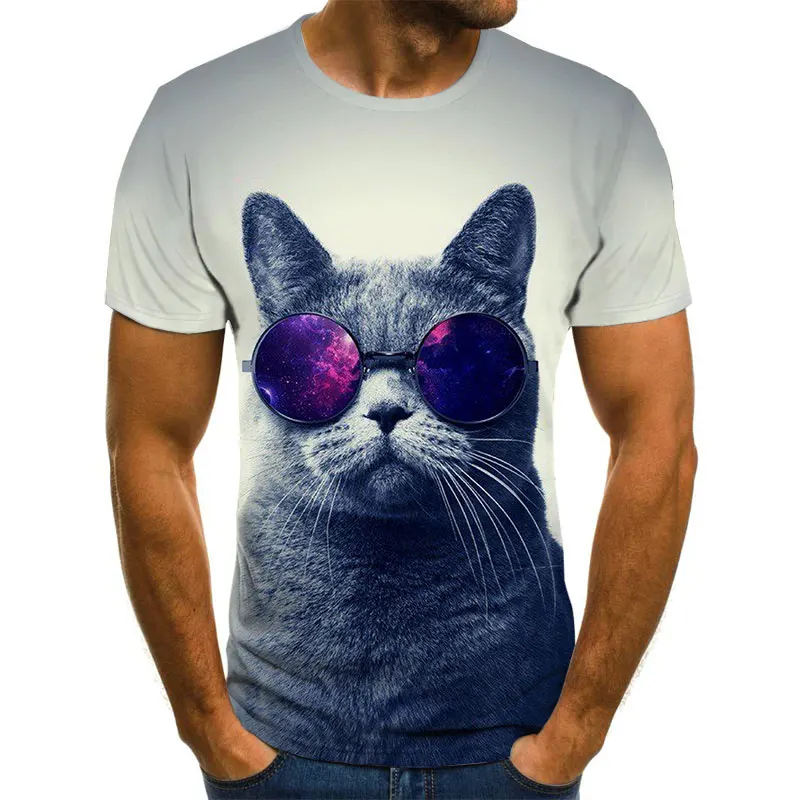 

Summer new blue-eyed cat print men's and women's T-shirt 3D cat funny street t-shirts short-sleeved children's cute O-neck top