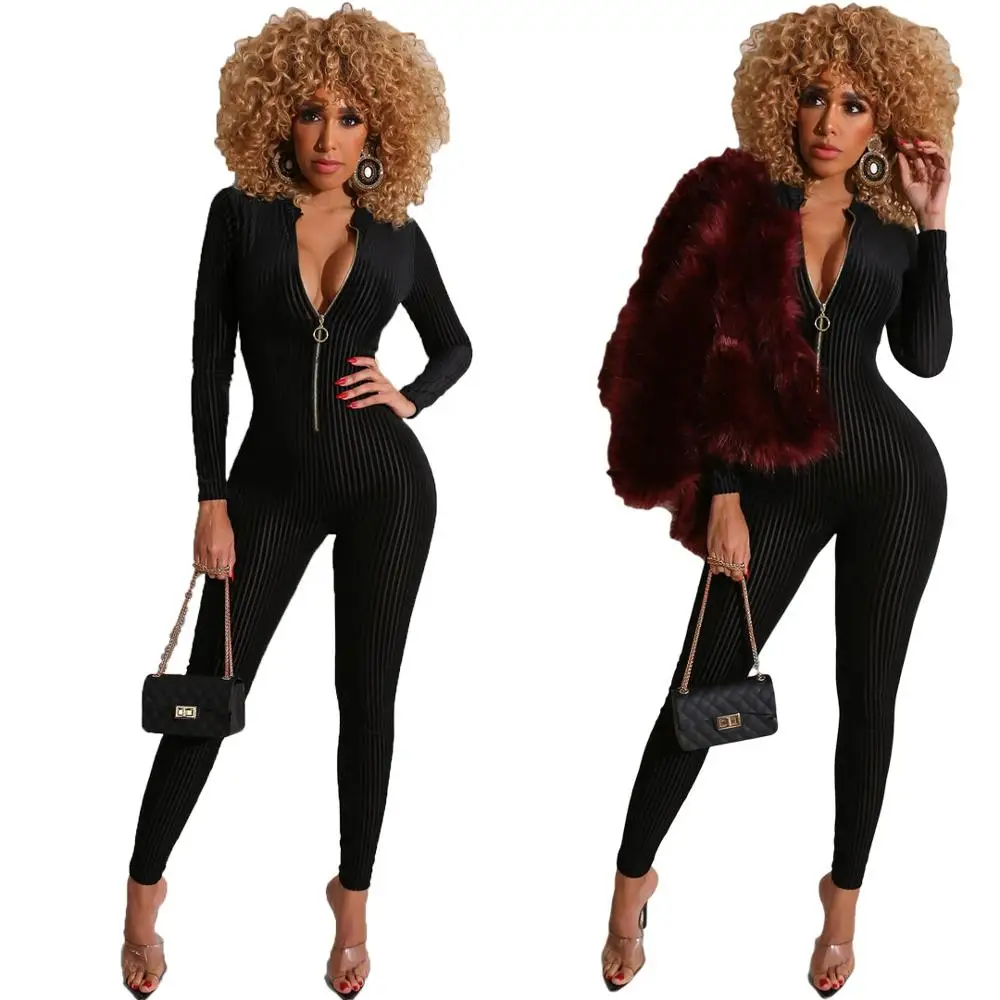 Autumn Winter Women Jumpsuits V-Neck Zipper Full Sleeve Sexy Rompers Night Club Party Outfits Casual Bandage One Piece | Женская одежда
