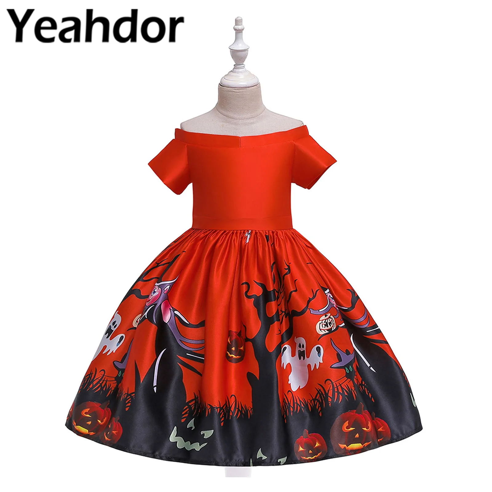 

Детское вечернее платье принцессы для девочек, атласное праздничное платье с принтом тыквы и высокой талией, Детский костюм на Хэллоуин, ха...