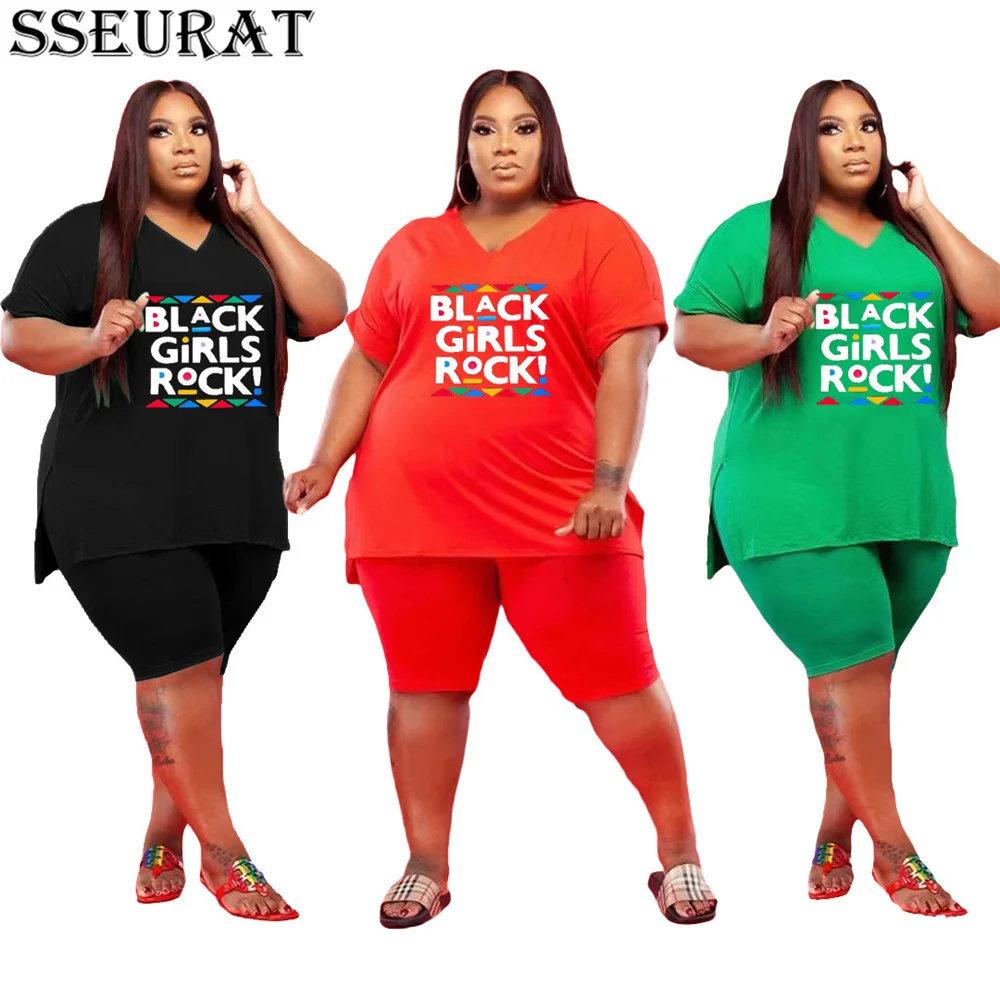

SSEURAT Women Set Loose Print Letter Short Sleeve V-neck T-shirts Knee-length Pants Plus Size 2 Piece Sets Summer Outfits