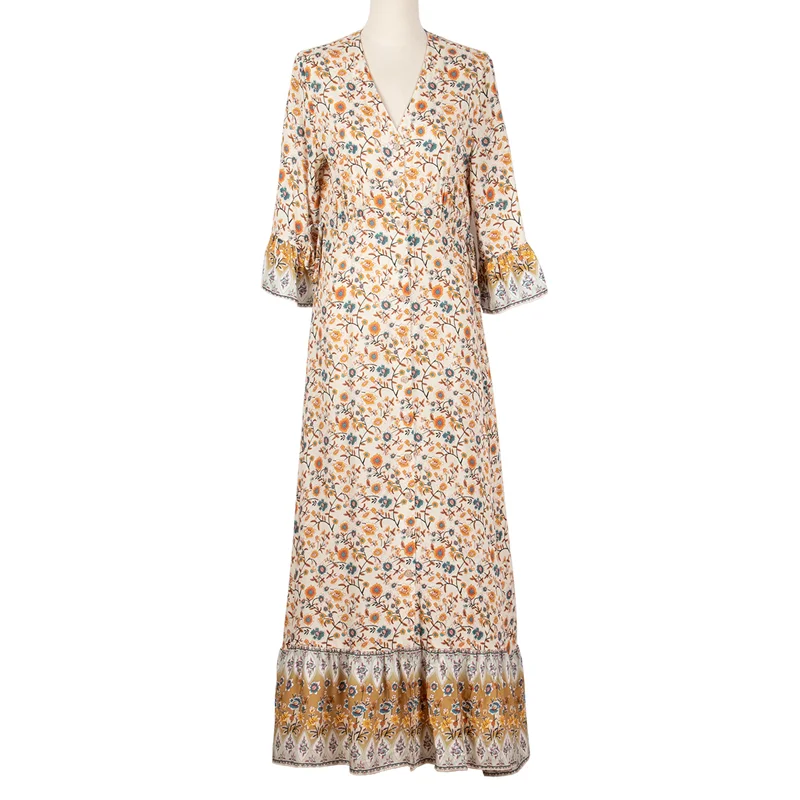 

2021 Summer Women's Dress V-neck High Waist Casual Dresses A-line Maxi Long Sleeve Vestidos Slit Bohemian Dress for Women