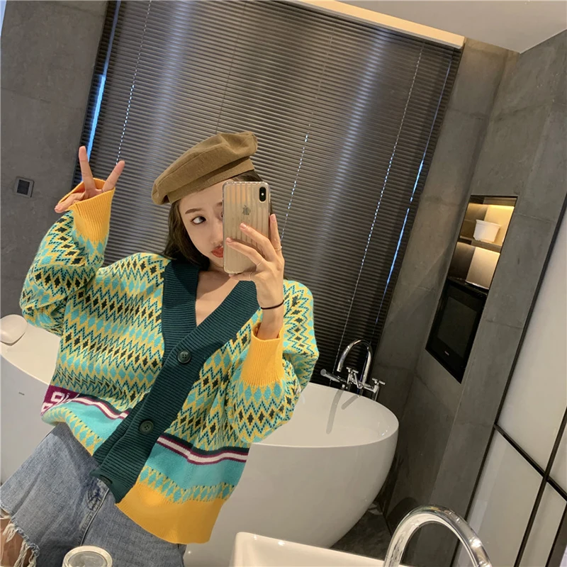 

HWLZLTZHT Vintage Ladies Cardigan Sweaters Female Cashmere Coat Diamond Lattice Womens Long Sleeve Tops Single Breasted Jacket