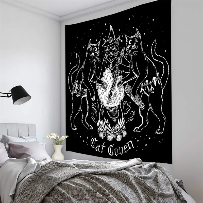 

New Pentagram Flag of Satan Tarot Black Cat Tapestry Wall Hanging Hand Hippie Moon Wolf Witchcraft Decor Tapestries Wall Blanket