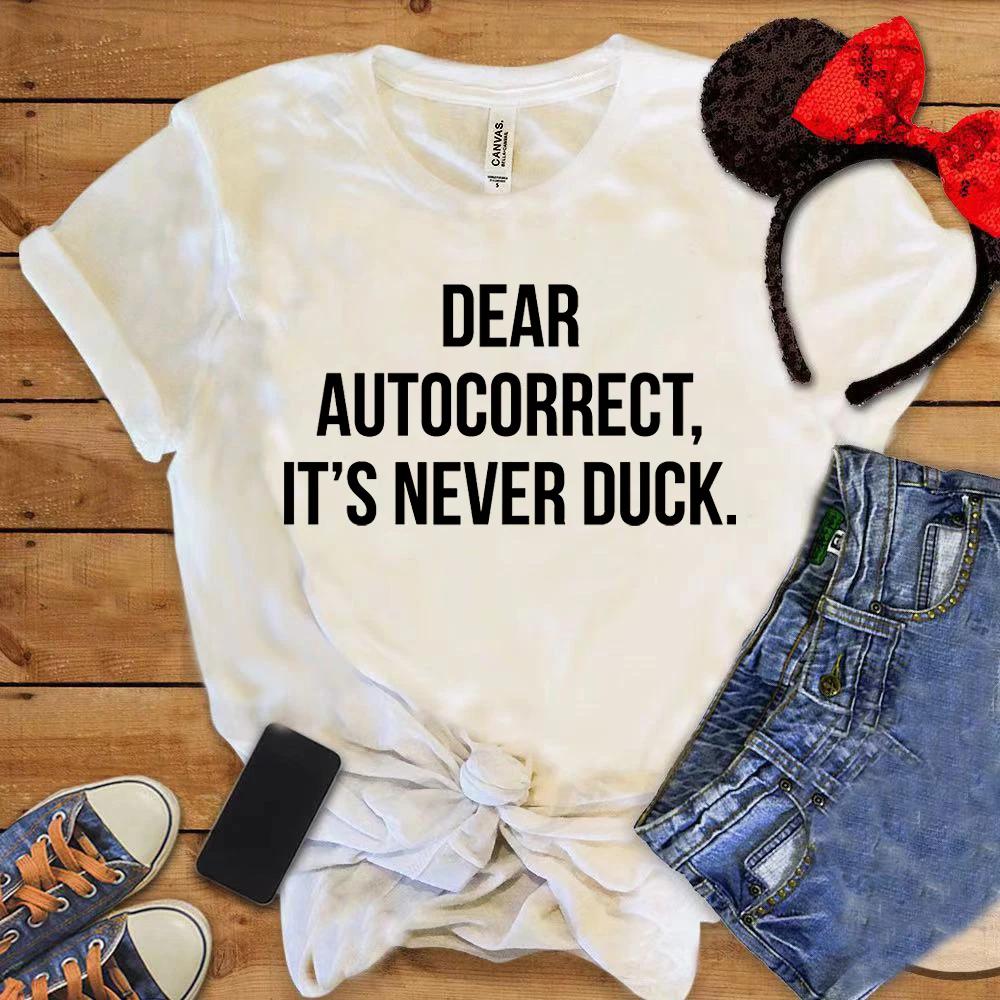 

Уважаемая Autocorect It's Never Duck, удобная женская футболка унисекс, женские топы с короткими рукавами и забавными надписями, дышащая футболка в сти...