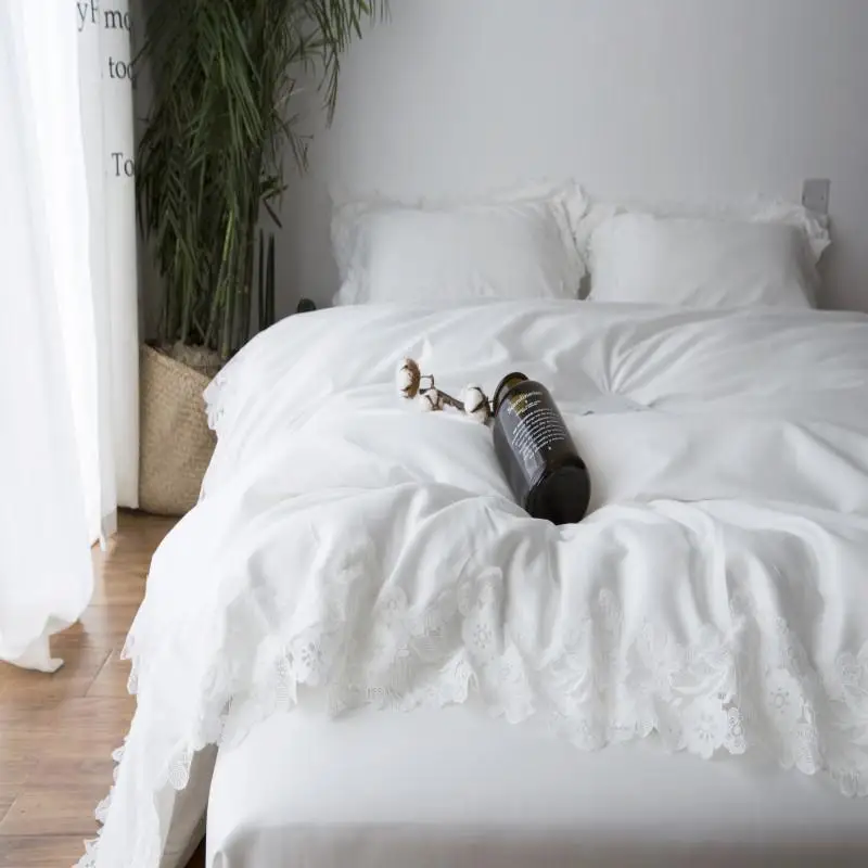 

Solid White Blue color Tencel Silk Duvet cover Bed sheets 4Pcs Bedding Set King Queen size Fitted sheet set Pillow shams