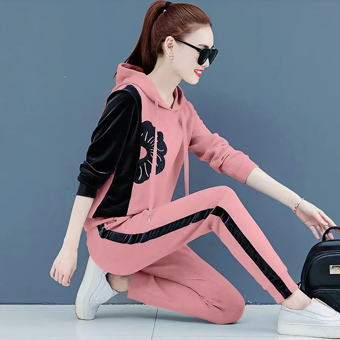 

Autumn Women Sportswear Tracksuit Flower Printed Hooded Hoodies Sweatshirt+pant Running Jogging Fitness Outfit Set Sport Suit