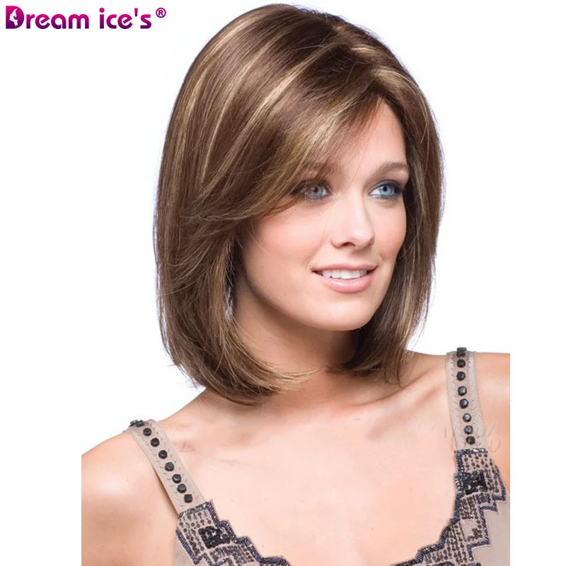 Synthetic Medium Straight Layered Bob Wig Ombre Brown Blonde Hair Middle Part For Women Heat Resistant Cosplay Wig Dream Ice's