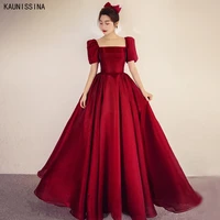kaunissina puff sleeve prom dresses square collar a line long satin princess evening gowns women elegant party dress custom size