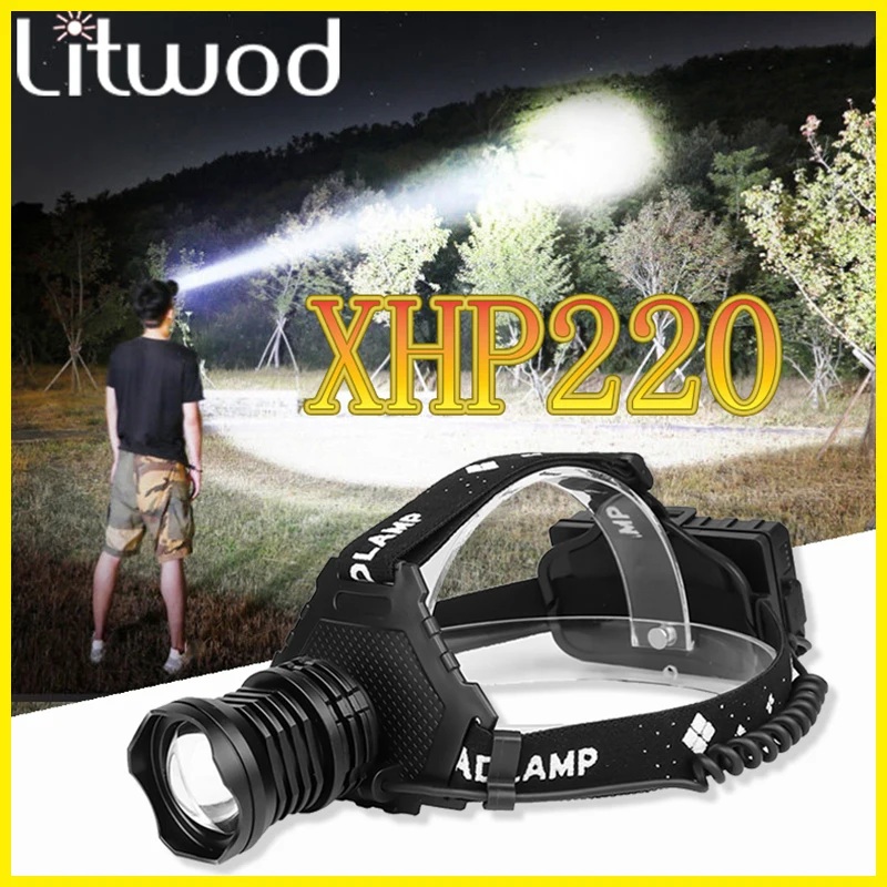 Faro delantero Led XHP220 de 8000LM, recargable vía USB, resistente al agua, Zoom, luz de pesca,