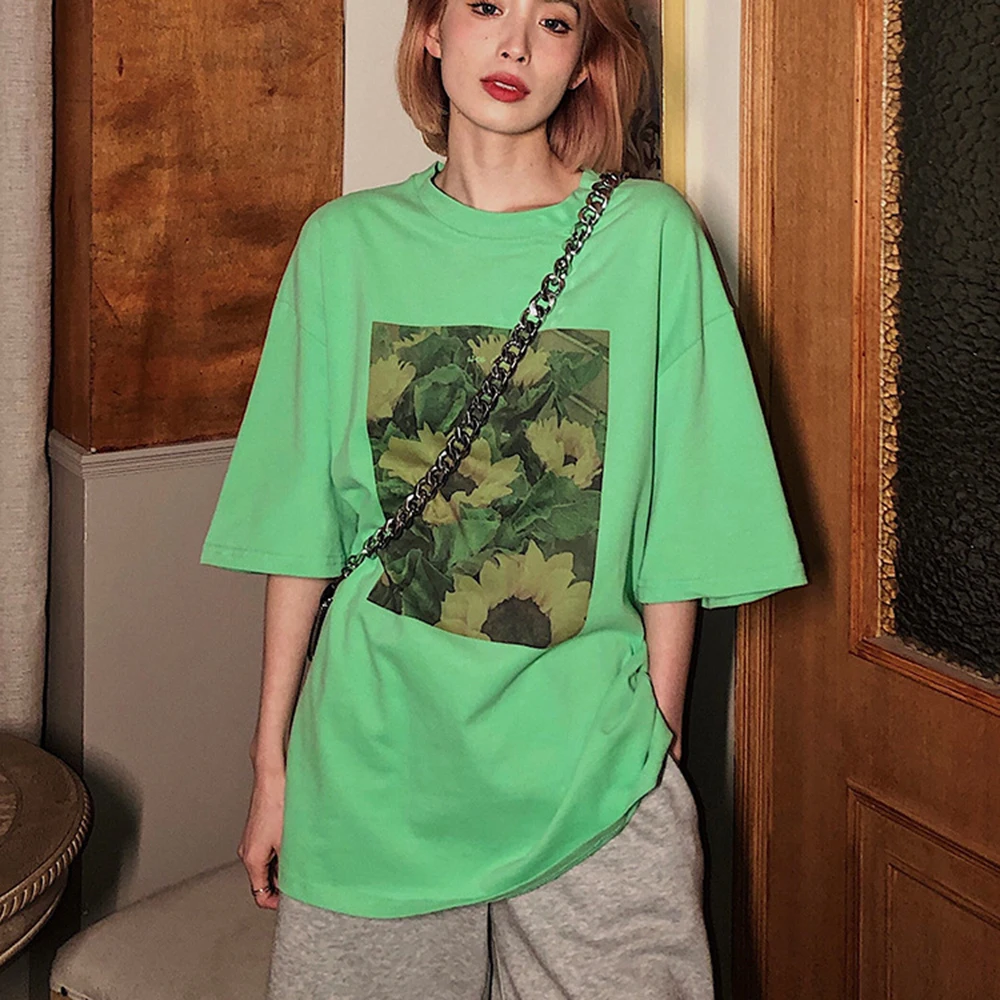 

Summer New Style Cotton Loose Korean Style Hong Kong Style Daisy Print Casual Round Neck All-Match Top