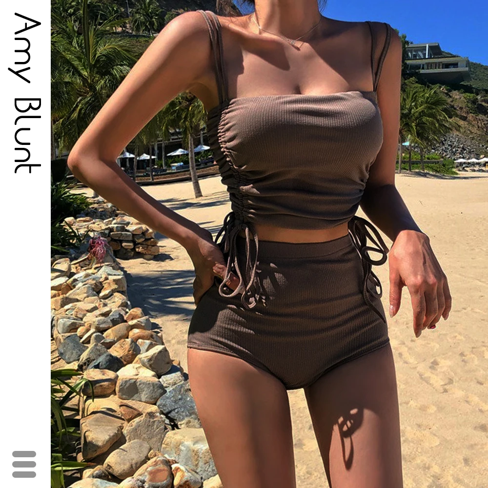 

2020 Summer Sexy Bikini Set Fashion High Waist Solid Color Bathing Suit Women New Retro Breathable 2 Piece Beach Swimwear WS09