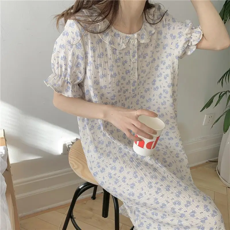 

Cotton Sleep Dress Woman Blue Floral Print Sleepwear Summer 2021 Nightwear Sweet Ruffles Nightgrown Oversize Nighty for Ladies