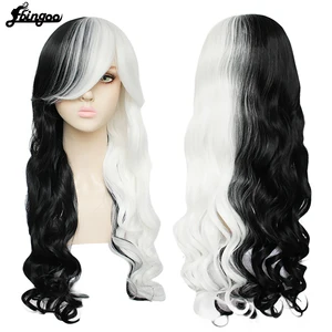 Парик для косплея Ebingoo Cruella Deville Side, наполовину белые и черные Многослойные натуральные волнистые синтетические волосы, парики Вечерние