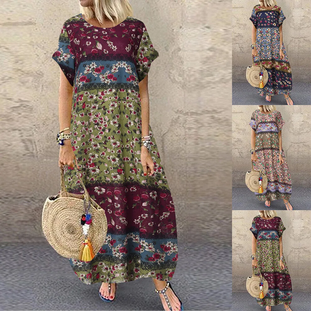 

2021 Fashion Summer Maxi Dress Women Patchwork Floral Printed Sundress Casual Short Sleeve Vestidos Female Robe Femme Plus Size