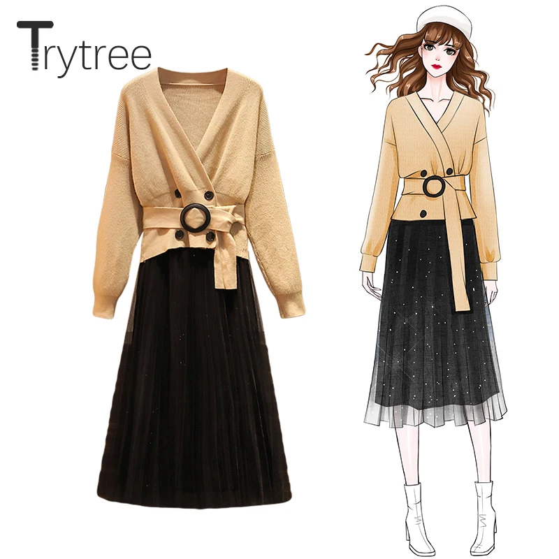 Trytree/осенне-зимний женский костюм из двух предметов повседневный двубортный топ