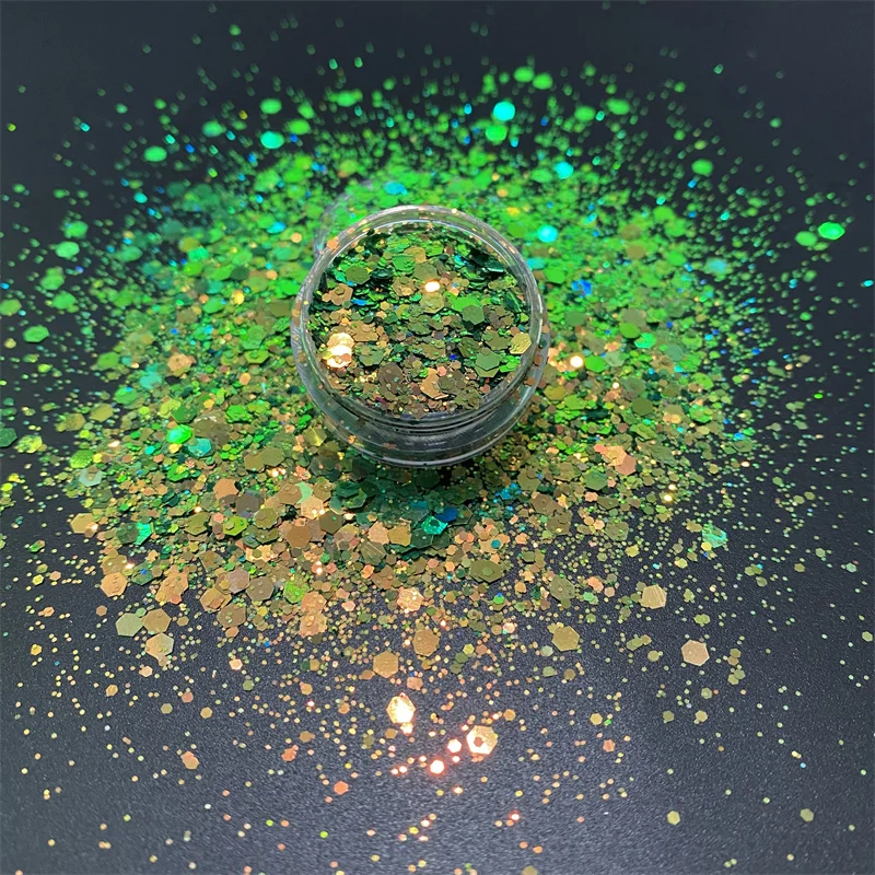 

New Chameleon Green Yellow Hexagon Shaped Mixed Chunky Glitter Powder Color Shifting Glitter For Nail Art DIY Crafts Decorations