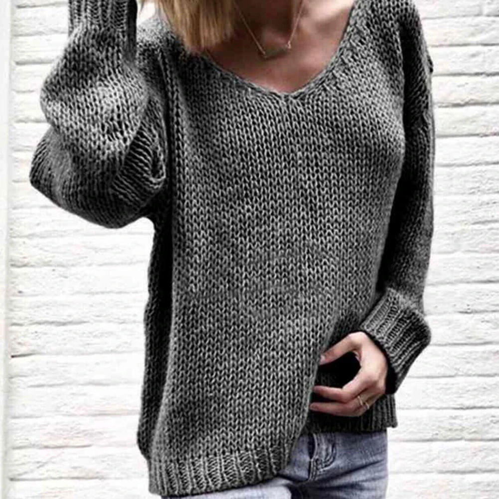 2020 Casual Women Loose Solid Color Knitted Sweater V Neck Long Sleeve Top Women's Clothing свитера женские  pull femme