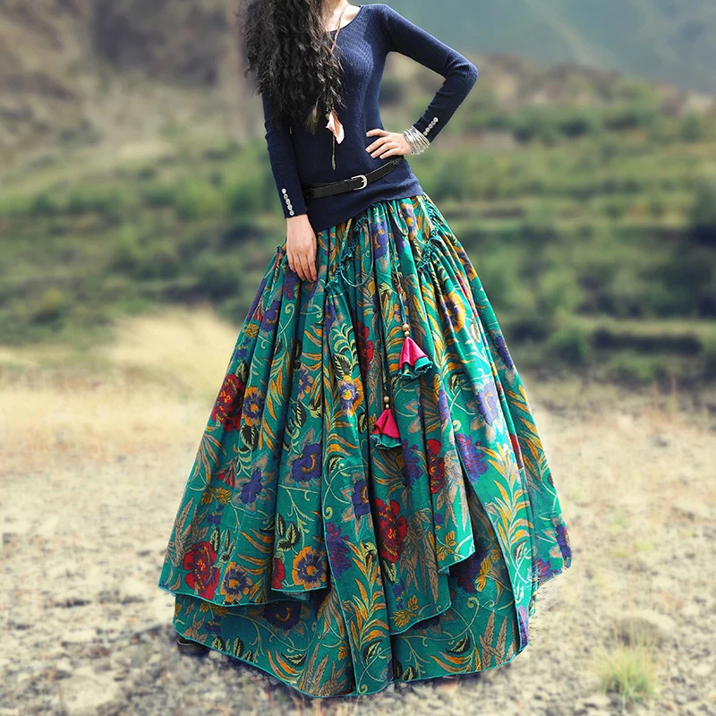 Женские юбки из хлопка и льна с принтом в национальном стиле эластичным поясом