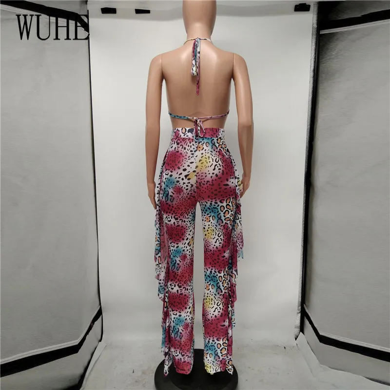 

WUHE Nightclub Two Piece Suits Colorful Print Mesh Lace Up Halter Backless Sexy Sleeveless Top and Long Pants Party Streetwear