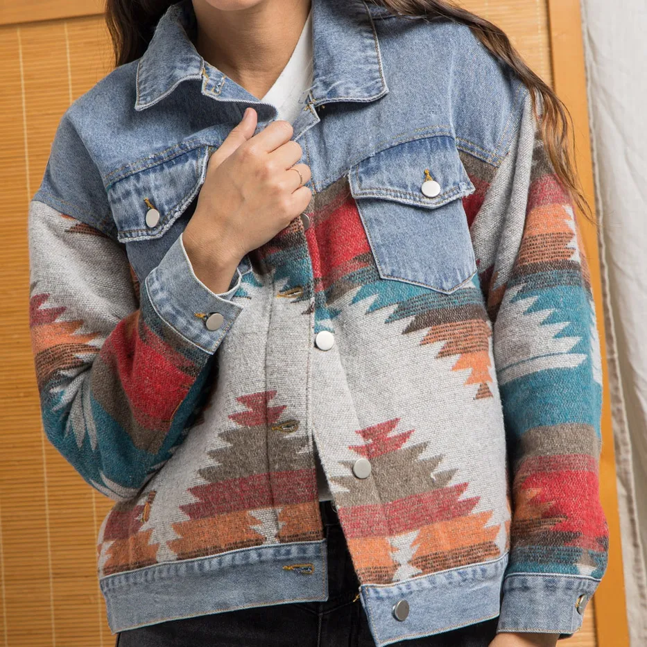 

2021 European and American long-sleeved lapel loose denim stitching woolen jacket female insAZTEC retro jacket