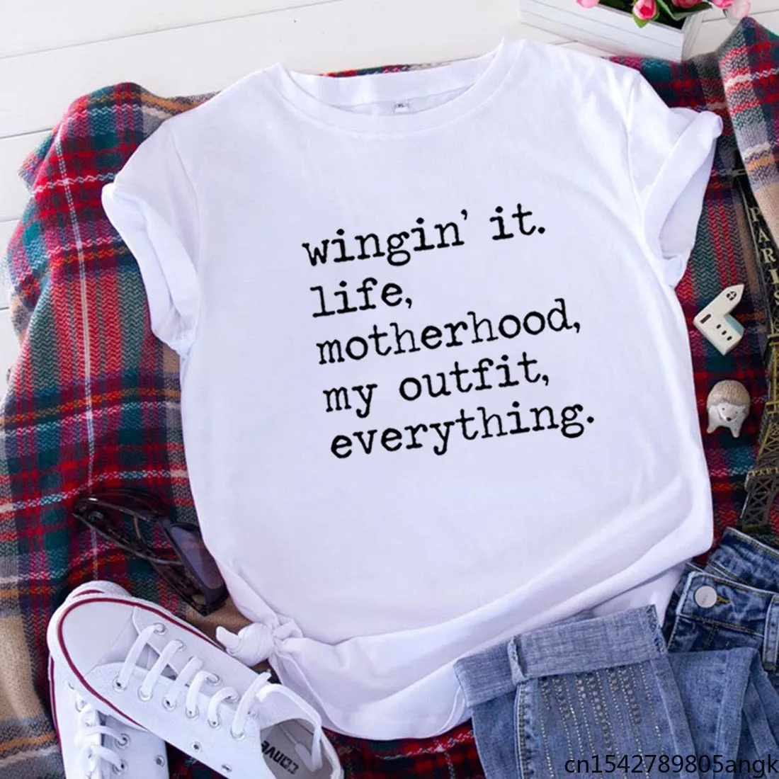 

Winging It Life Funny T Shirt Women Harajuku Shrot Sleeve Round Neck Loose Black Femme