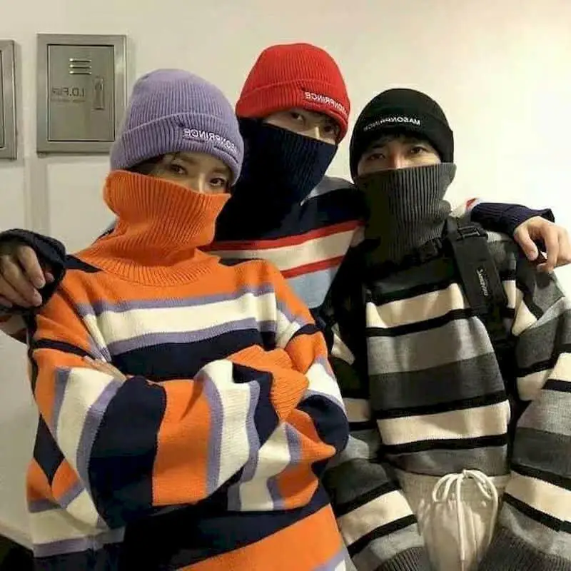 

Sweaters Couple Tops Autumn Winter Thick Warm Striped Sweater Casual Turtleneck Pullovers Knitted Sweater Women Clothing Tops