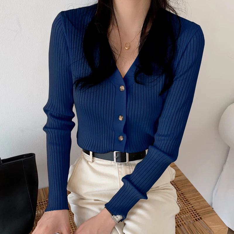 

Solid Single Breasted Sweater 2021 Knitted Sweaters Women Autumn Winter Casual Outwear Korean V Neck Long Sleeve Cardigan Mujer