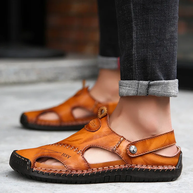 

Sandals Men Leather Luxury Summer Beach Classic Hollow Breathable Soft Comfortable Slippers High Quality Big Size Roman