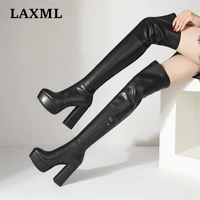 2021 new fashion elastic boots thick heel round toe zipper super high heel ladies boots universal all match sexy womens shoes