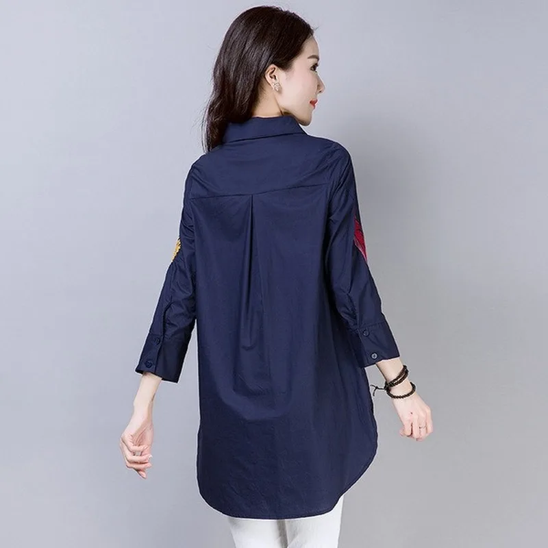 100% хлопок плюс размер перо вышивка Белая Длинная блузка для женщин 3/4 рукав