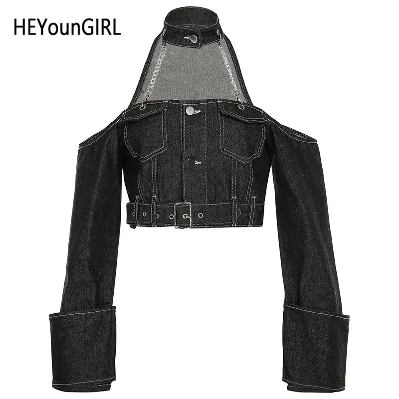 HEYounGIRL Повседневное Harajuku джинсовая куртка Для женщин с лямкой на шее с открытыми плечами черные джинсовые шорты куртки женские корейский стиль Осеннее пальто - Цвет: Черный