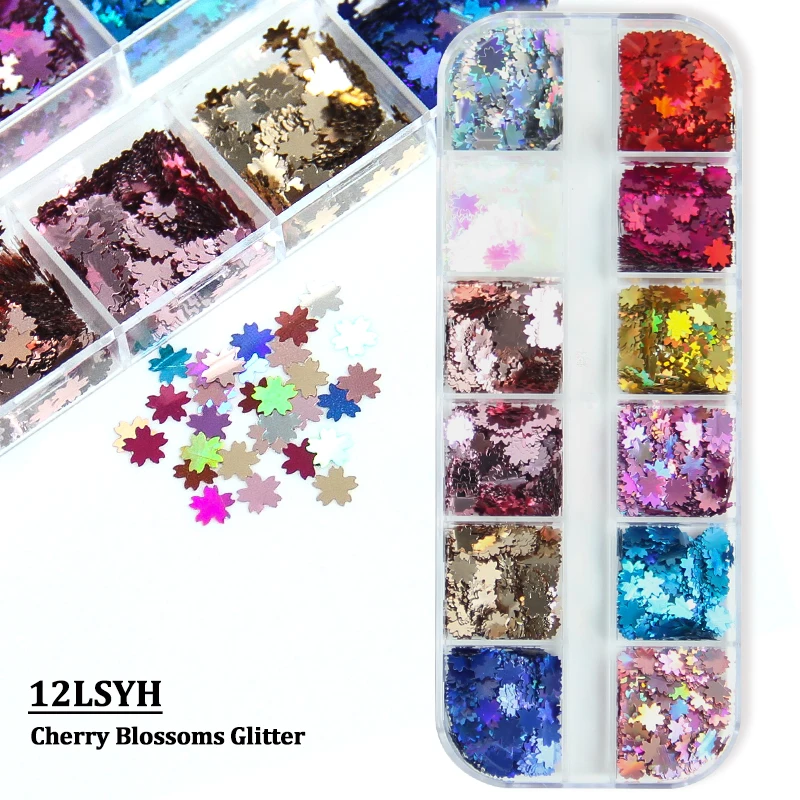 

12 Grids Holographic Nail Sequins Sparkly Cherry Blossoms Glitter Flakes Laser Flower Paillette Nail Art Decoration Accessories