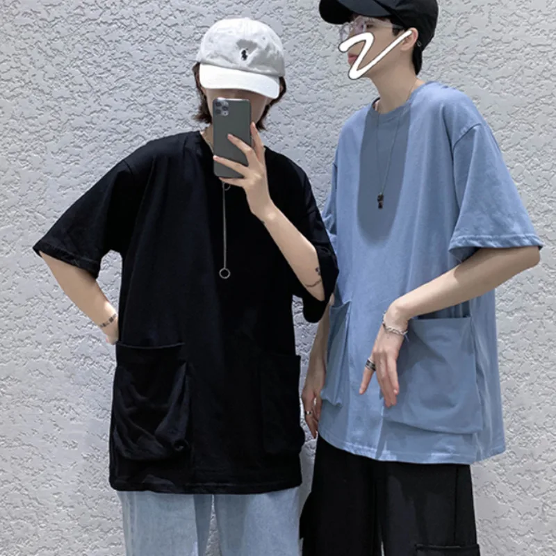 

Summer O-neck Solid Color T-shirt Men Korean Fashion Loose Casual Tooling T-shirt Men Streetwear Five-point Sleeve T-shirt Men