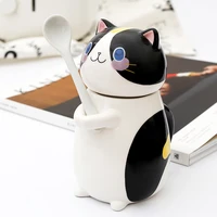 1set cute cat cup breakfast milk coffee cup mug with lid and spoon creative ceramic cup animal cuddle cup japanese cartoon