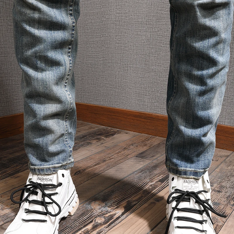 Mens Light Blue Ripped Jeans With Big Holes Men Streetwear Retro Straight Slim Fit Pants Casual Cotton Denim Trousers