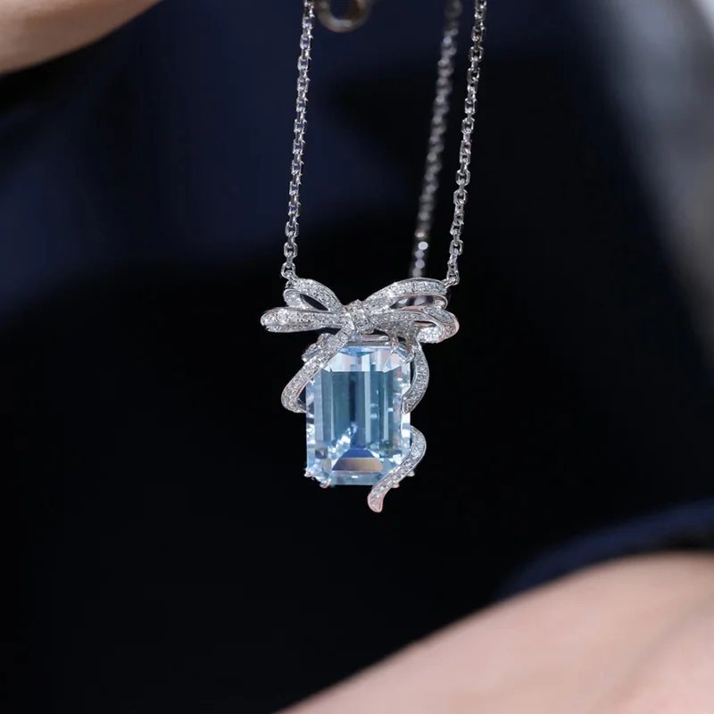 

KOFSAC Cute Bow Women Jewelry 925 Sterling Silver Necklace New Shining Zircon Blue Pendant Beautiful Girl Birthday Party Present