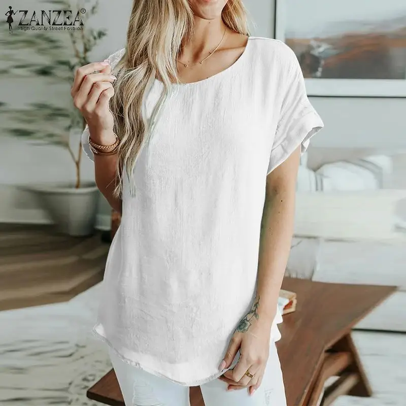 

Блузка ZANZEA женская с коротким рукавом, повседневный минималистичный пуловер с круглым вырезом, модная однотонная блузка для работы, лето 2021