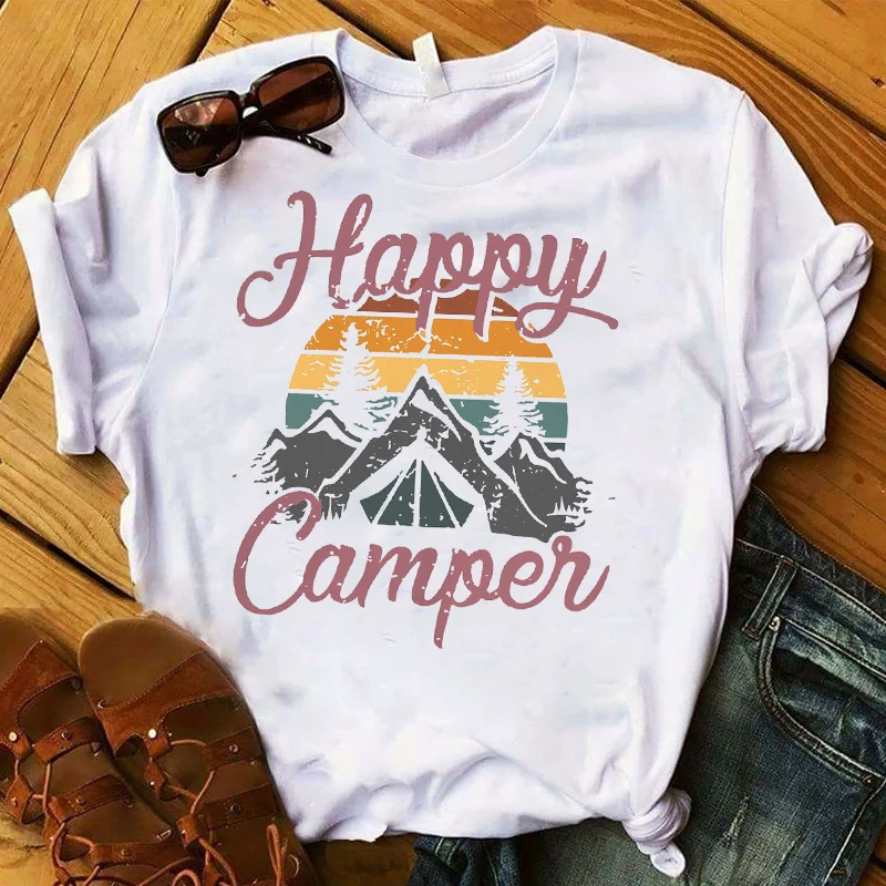 

Women Lady T Shirt Happy Camper Mountain Printed Tshirt Ladies Short Sleeve Tee Shirt Women Female Tops Clothes Graphic T-shirt
