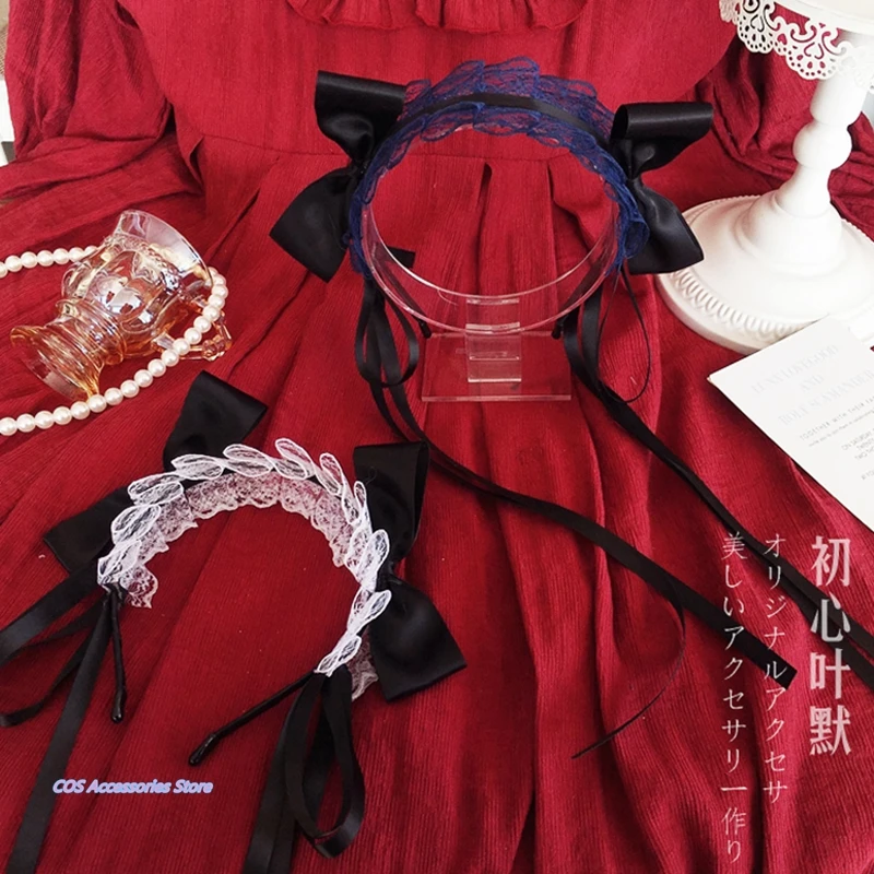 

Japanese Original Lolita Hair Accessories Vintage Handmade Lace Bowknot Hair Hoop Long Streamer Headdress Soft Sister Headband