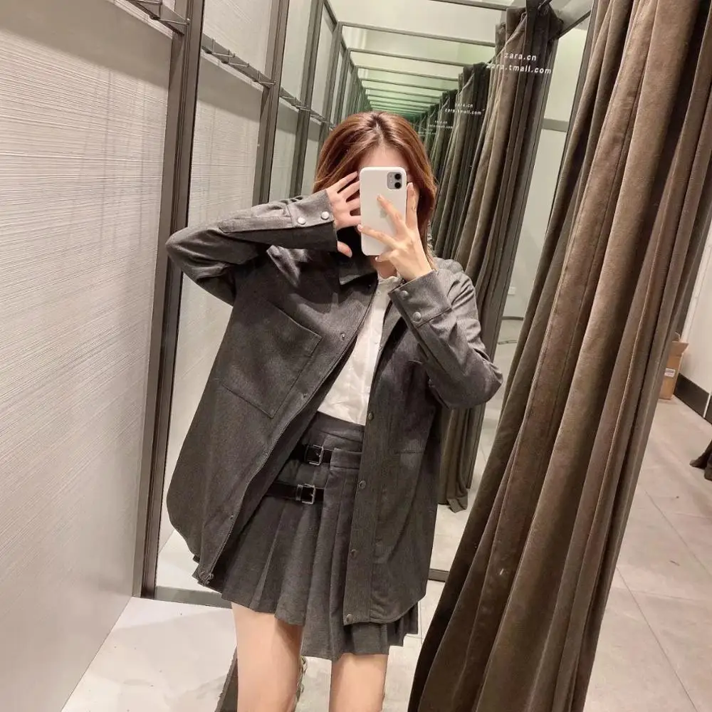 

2020 New Autumn Winter Women Two piece set Shirt-style Coat & Mini Skirt Pleated High-Waist Asymmetric Hem ZXQJ