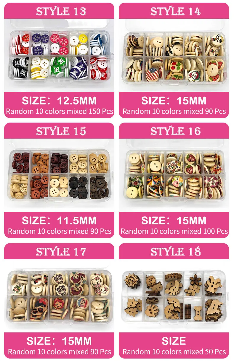 150 Pcs 10-15 mm Resin/Wooden Buttons 2 Holes 15mm Mixed Wood Buttons Sewing Accessories for Clothing Decoration DIY Boxed