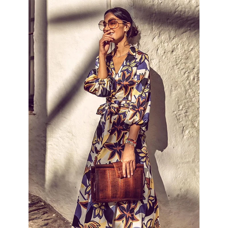 A * EXIS foreign trade original single high quality retro holiday wrap printed v-neck top + skirt seaside sexy | Женская одежда