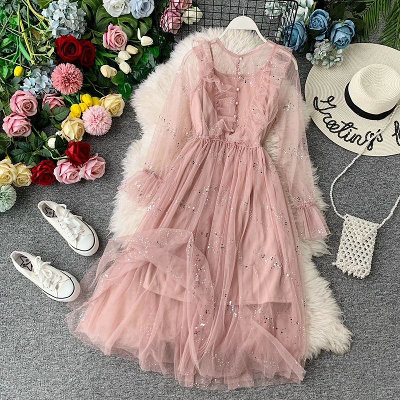 

Autumn and winter 2019 new women's Sequin long net yarn fairy super fairy high waist French retro two piece dress
