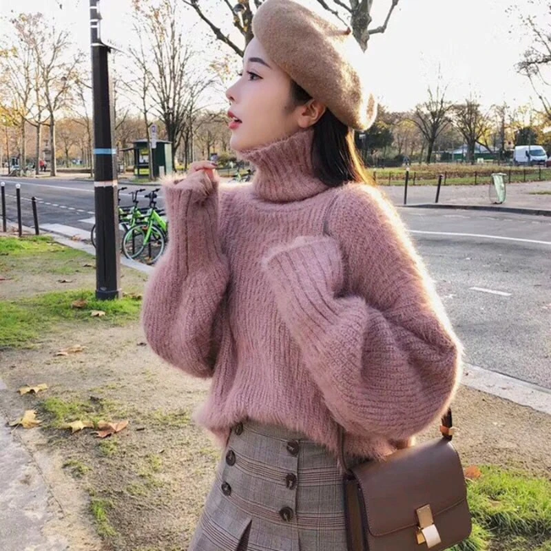 Fashion Knitted High-neck Women's Sweater 2019 Winter New Loose Imitation Suede Long Sleeve Grey Women | Женская одежда