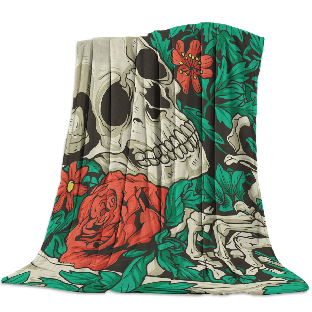 Зеленый лист роза цветок череп одеяло портативное фланелевое