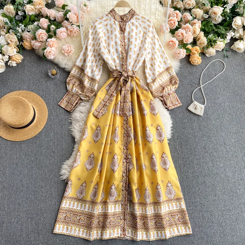 

Женская новая модная обувь Bohmian ретро придворное платье трапециевидной формы, с принтом и платье СО СТОЯЩИМ ВОРОТНИКОМ с длинными рукавами-...