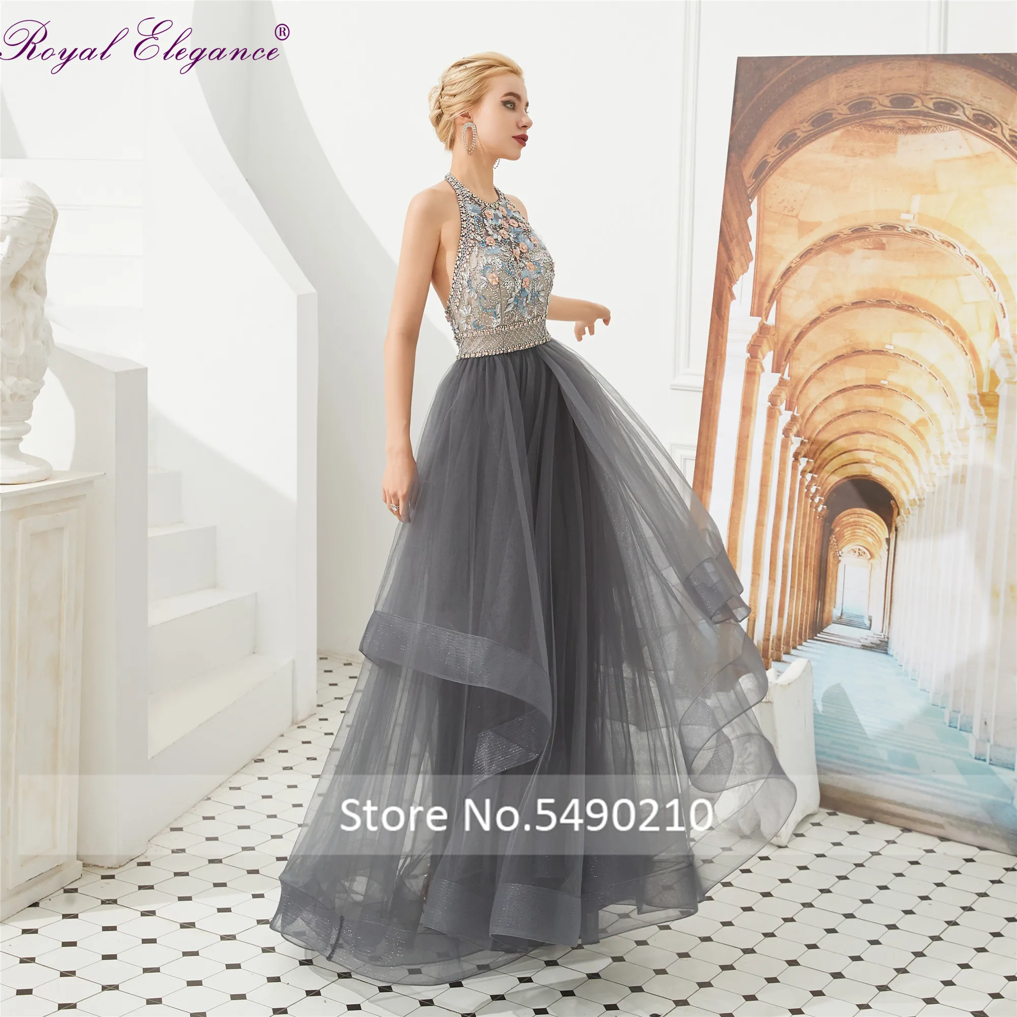 Королевское элегантное вечернее платье без рукавов с лямкой на шее