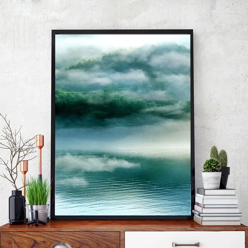 

Green Lake and Animal Crane Poster Fog Fluttering Hd Print Home Decoration Canvas Painting Bedroom Living Room Wall Decoration